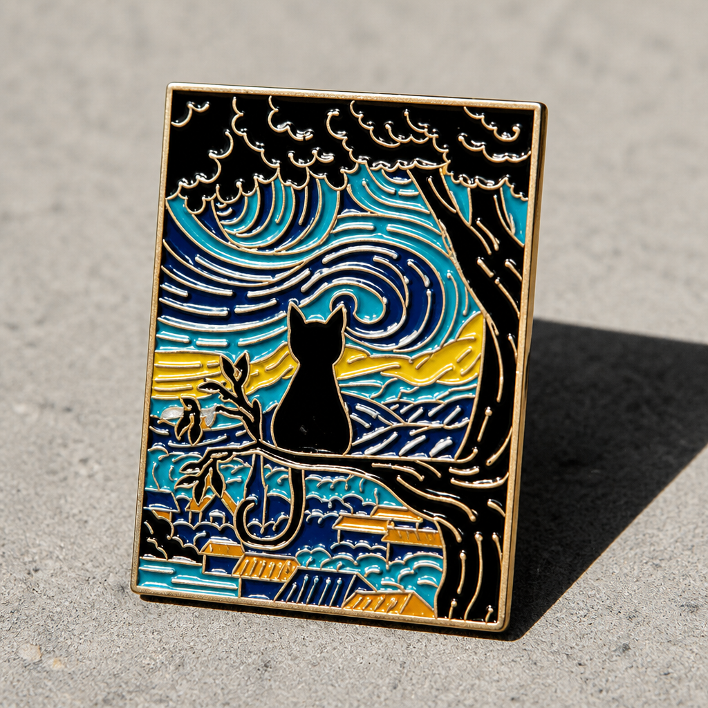 Van Gogh-inspired hard enamel pin featuring a black cat sitting on a tree branch overlooking a swirling blue nighttime landscape, on a concrete surface