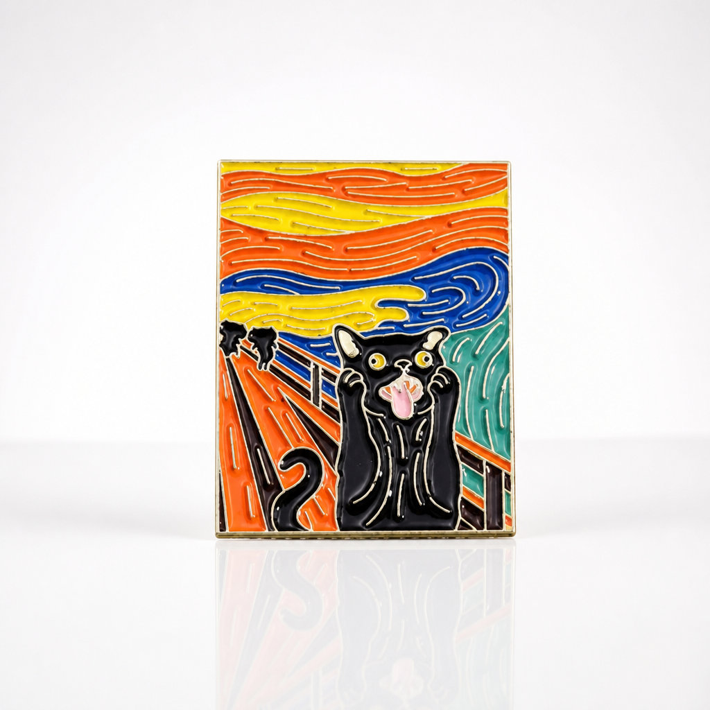 Art-inspired hard enamel pin featuring a wide-eyed black cat parodying Edvard Munch's The Scream.