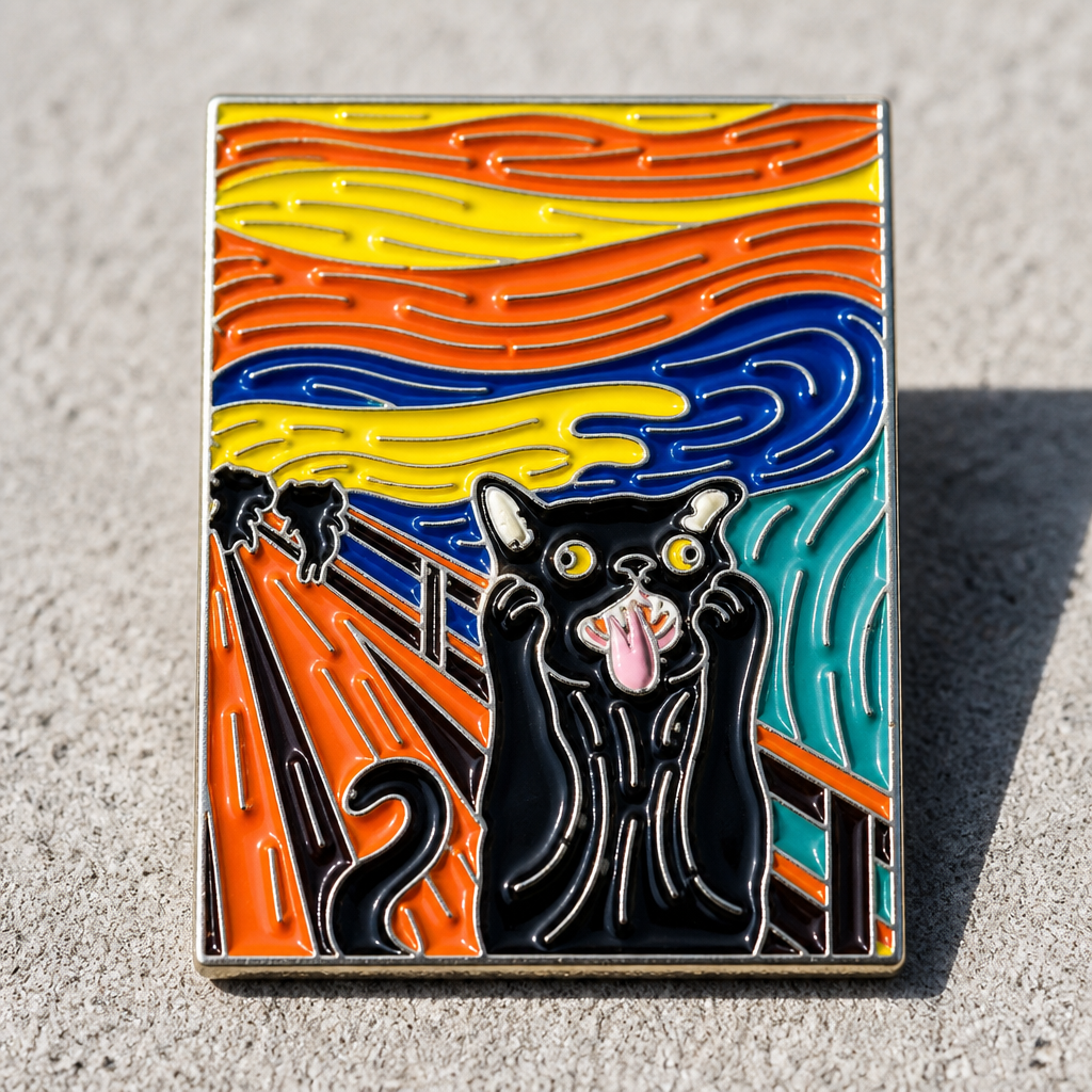 Art-inspired hard enamel pin featuring a wide-eyed black cat parodying Edvard Munch's The Scream, on a concrete surface