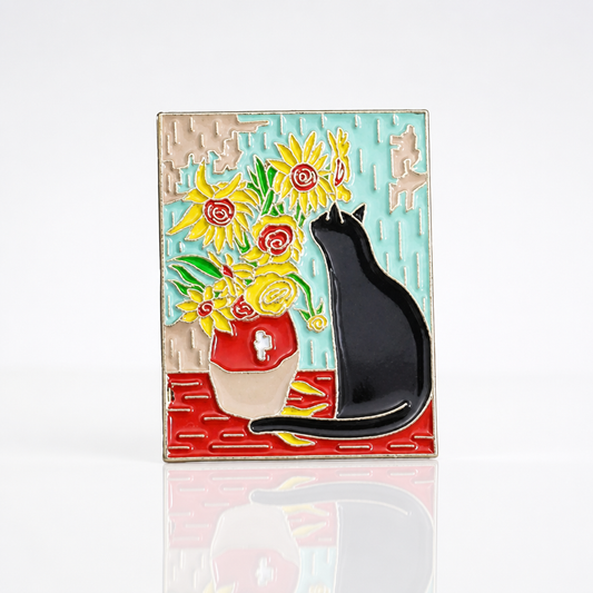 Art-inspired hard enamel pin featuring a black cat sitting beside a colorful vase of sunflowers and flowers.