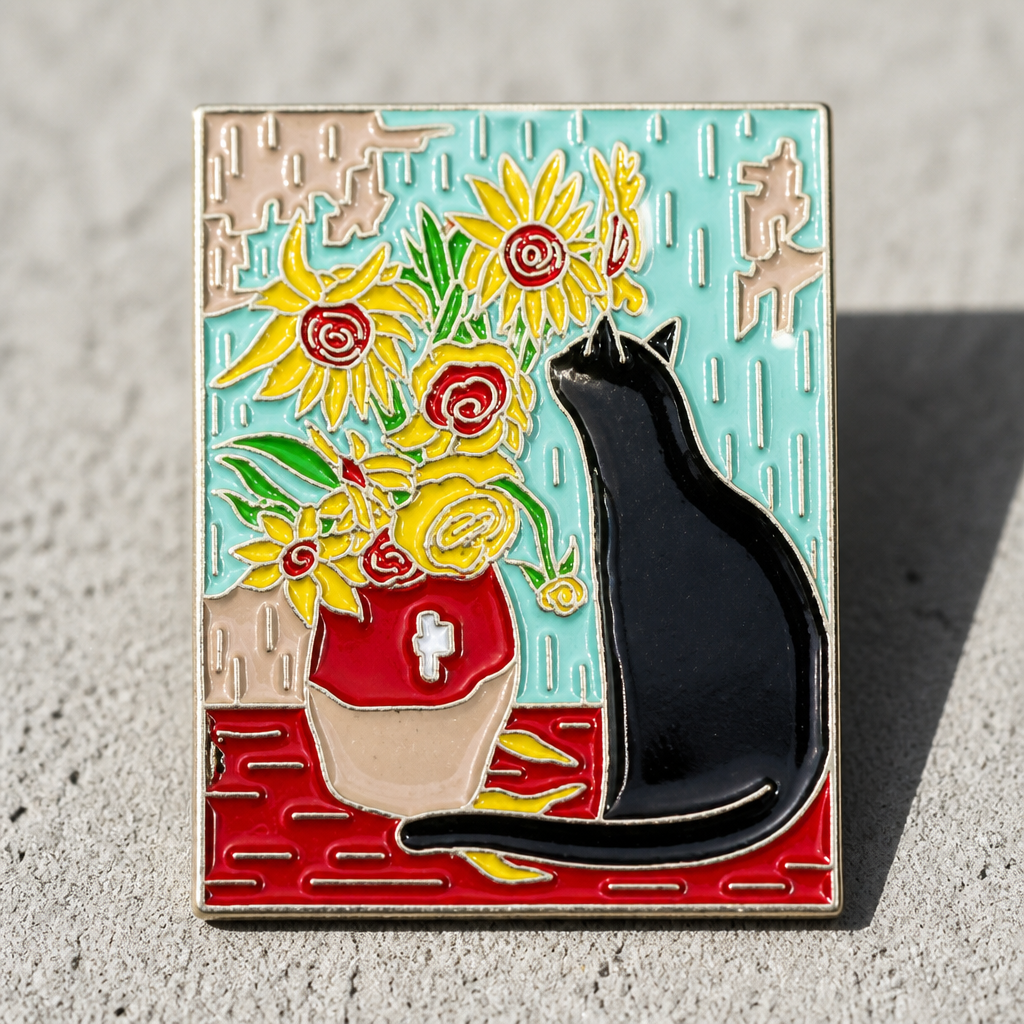 Art-inspired hard enamel pin featuring a black cat sitting beside a colorful vase of sunflowers and flowers, on a concrete surface