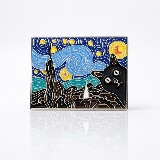 Van Gogh-inspired hard enamel pin featuring a curious black cat peeking into a swirling star-filled night sky.
