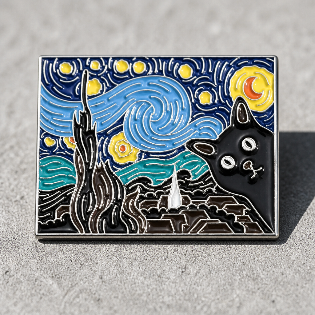 Van Gogh-inspired hard enamel pin featuring a curious black cat peeking into a swirling star-filled night sky, on a concrete surface