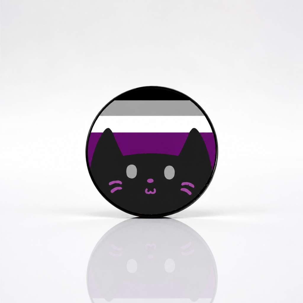 Hard enamel pin featuring a cute black kitty in front of the Asexual Pride flag in black, gray, white, and purple.