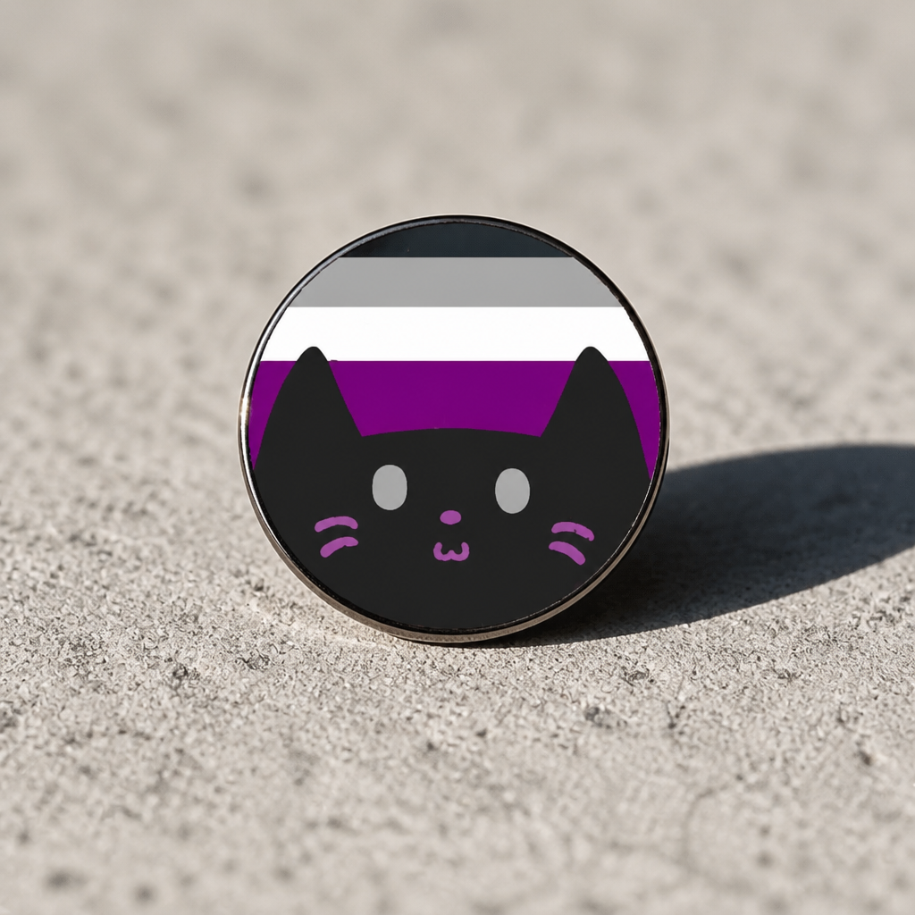 Hard enamel pin featuring a cute black kitty in front of the Asexual Pride flag in black, gray, white, and purple on a concrete surface.