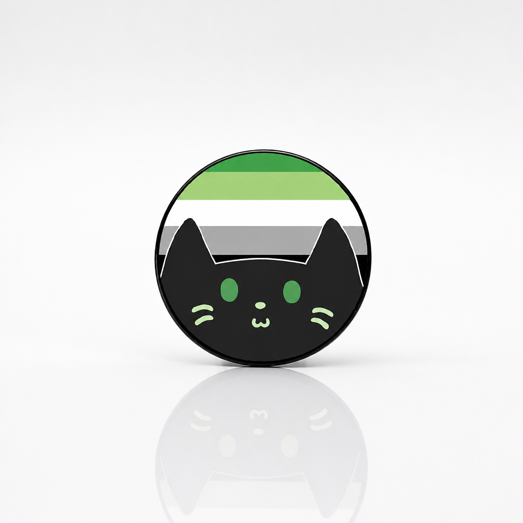 Hard enamel pin featuring a cute black kitty in front of the Aromantic Pride flag in green, white, gray, and black.