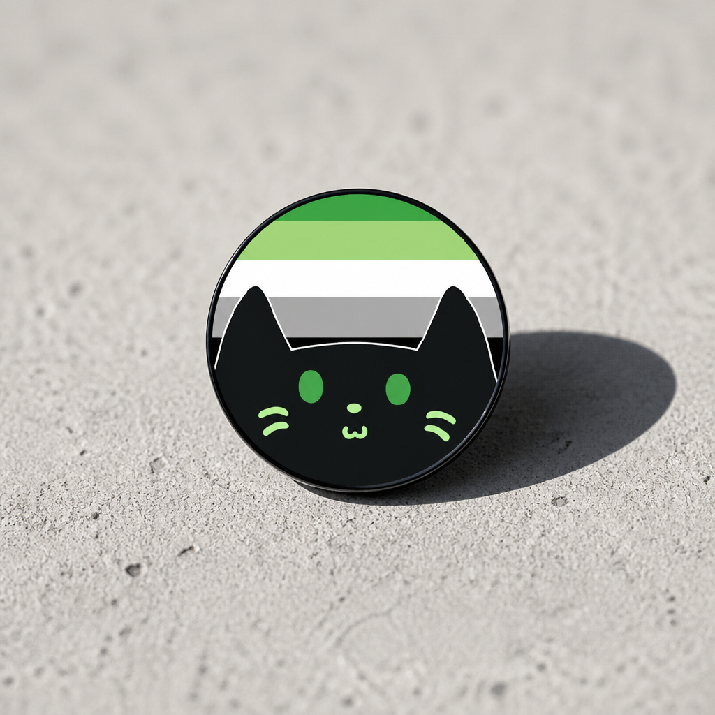 Hard enamel pin featuring a cute black kitty in front of the Aromantic Pride flag in green, white, gray, and black on a concrete surface.