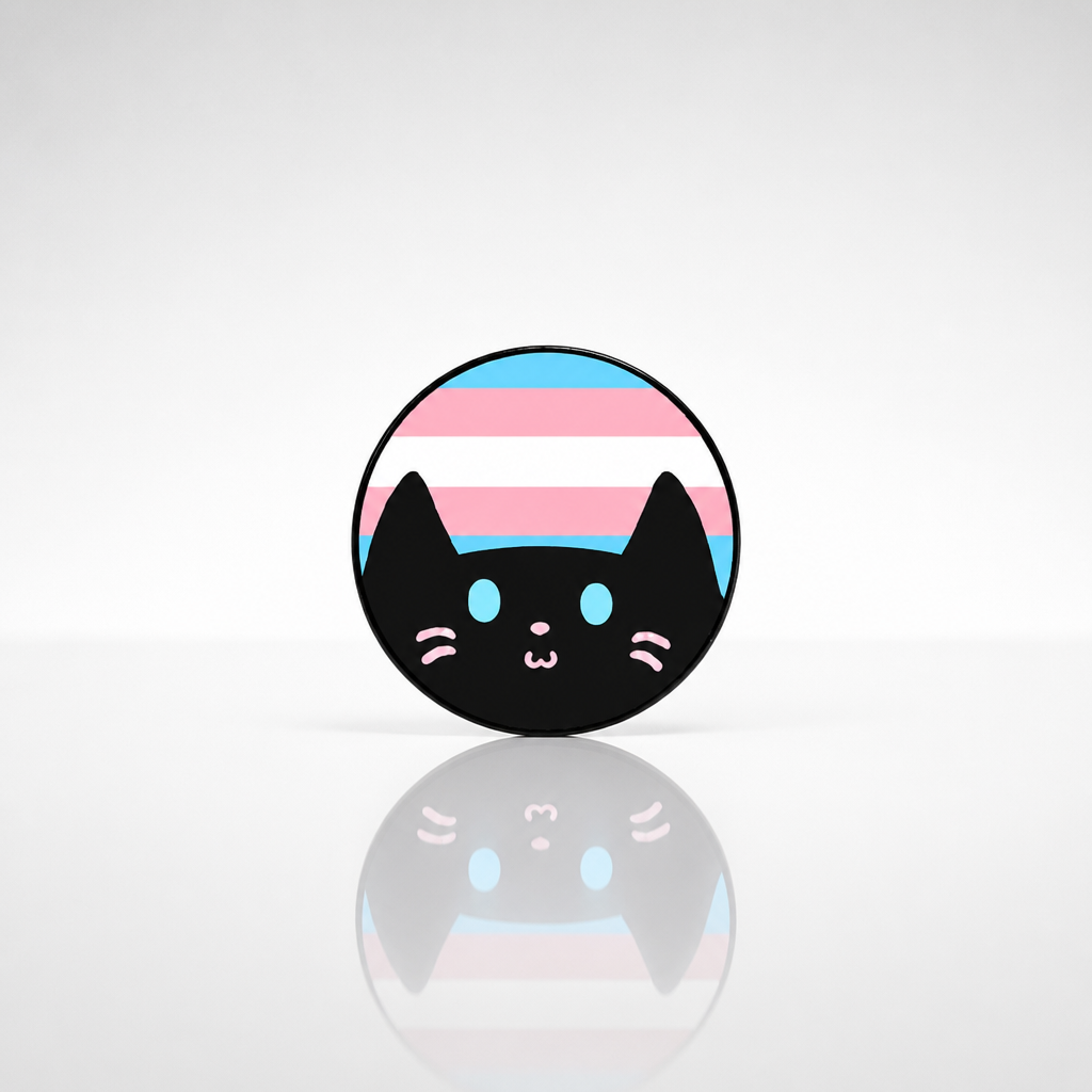 Hard enamel pin featuring a cute black kitty in front of the Transgender Pride flag in blue, pink, and white.
