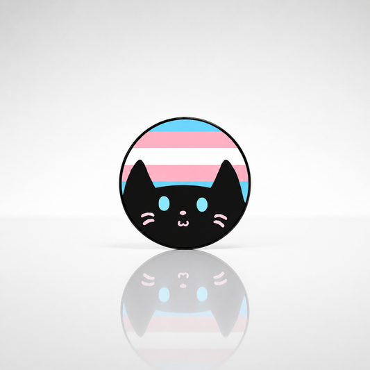Hard enamel pin featuring a cute black kitty in front of the Transgender Pride flag in blue, pink, and white.