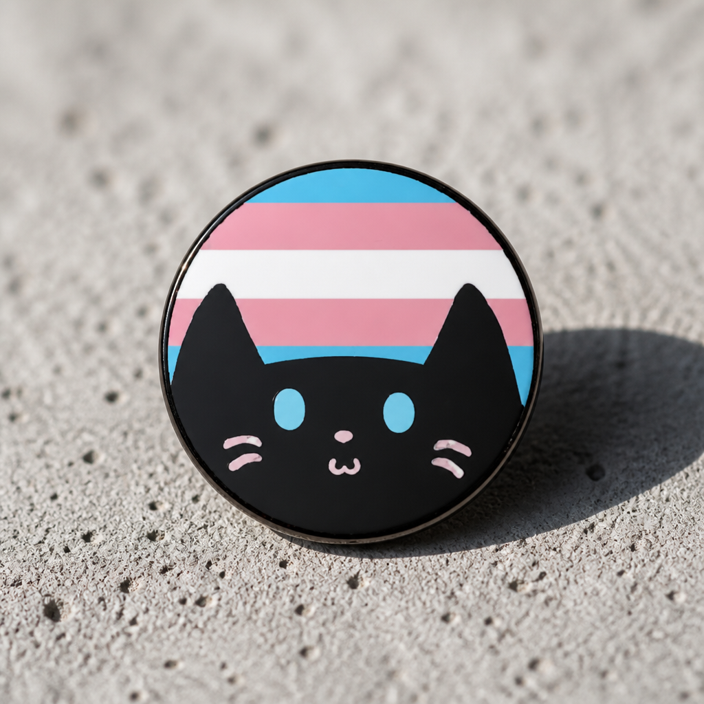 Hard enamel pin featuring a cute black kitty in front of the Transgender Pride flag in blue, pink, and white on a concrete surface