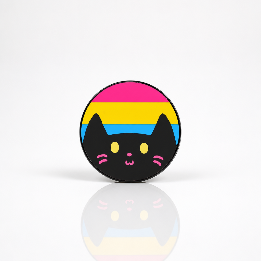 Hard enamel pin featuring a cute black kitty in front of the Pan Pride flag in pink, yellow, and blue.