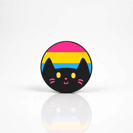 Hard enamel pin featuring a cute black kitty in front of the Pan Pride flag in pink, yellow, and blue.