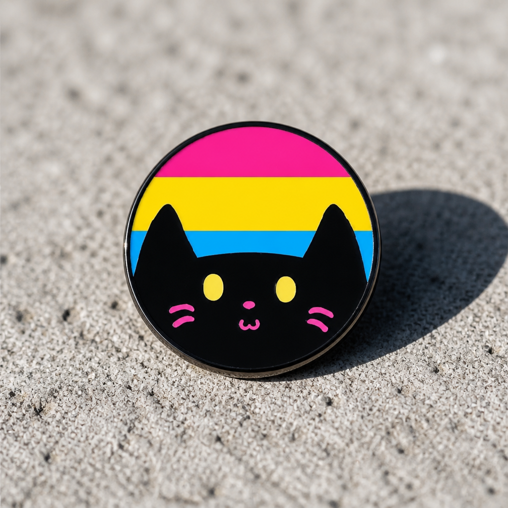 Hard enamel pin featuring a cute black kitty in front of the Pan Pride flag in pink, yellow, and blue on a concrete surface.
