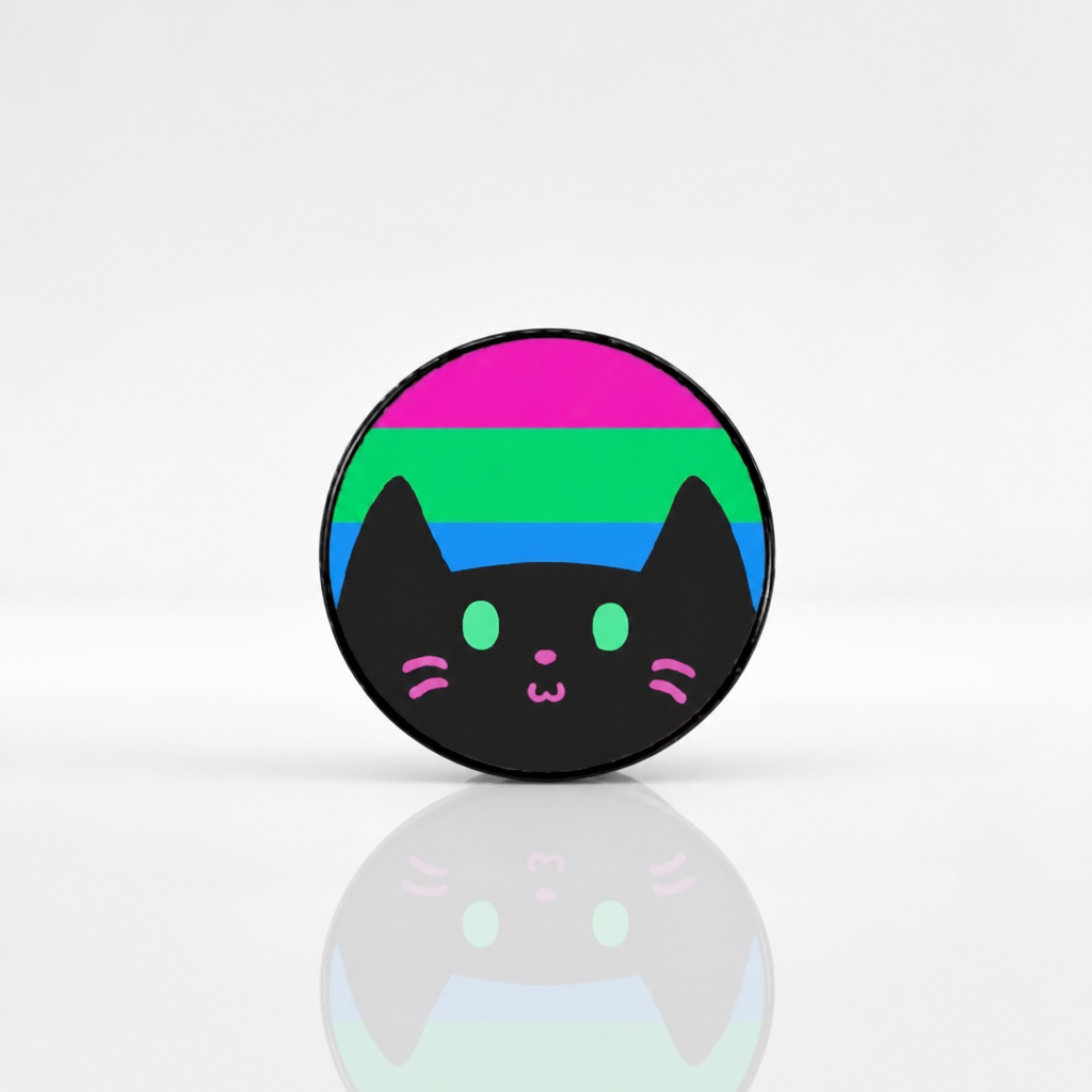 Hard enamel pin featuring a cute black kitty in front of the Polysexual Pride flag in pink, green, and blue.