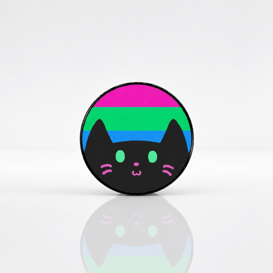 Hard enamel pin featuring a cute black kitty in front of the Polysexual Pride flag in pink, green, and blue.