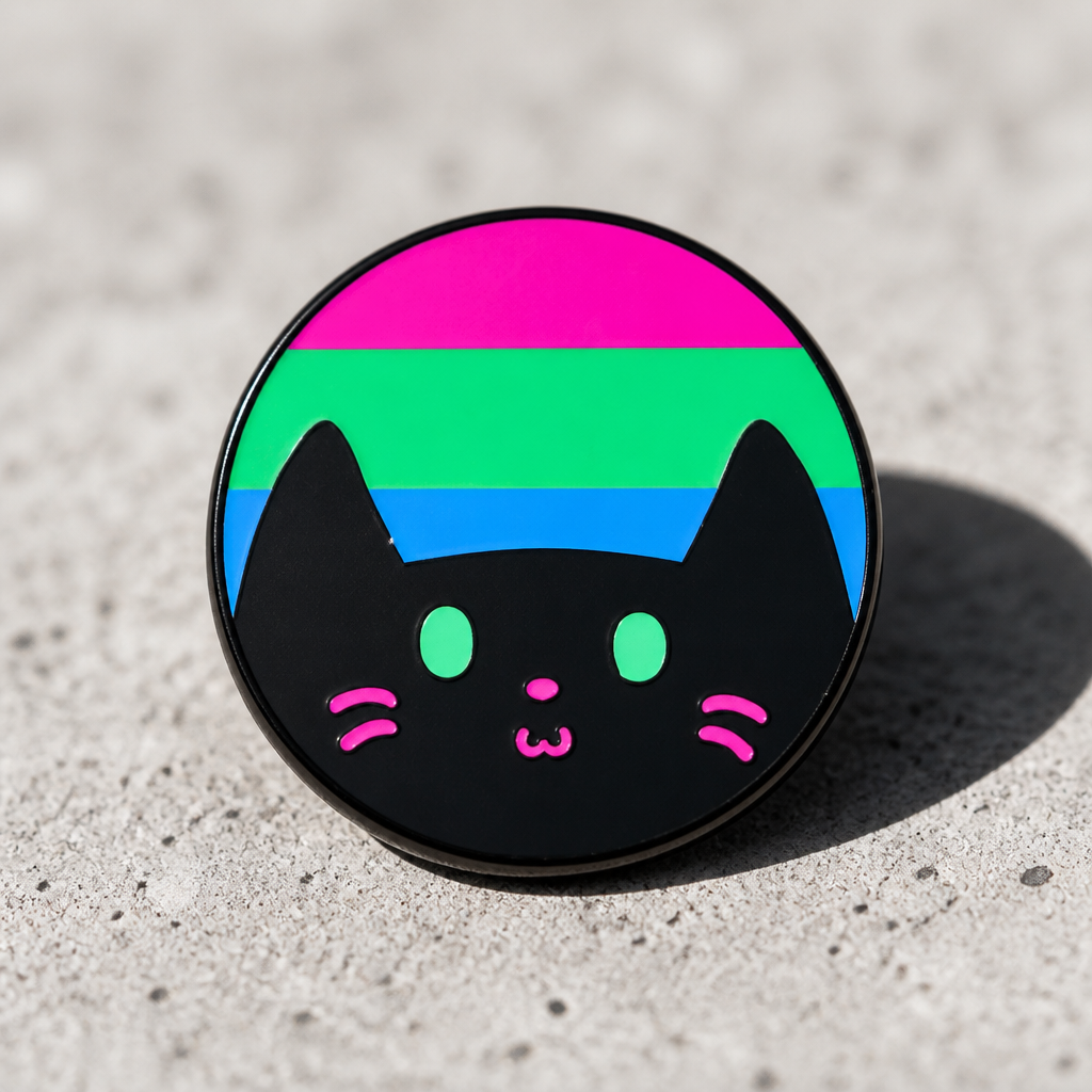 Hard enamel pin featuring a cute black kitty in front of the Polysexual Pride flag in pink, green, and blue on a concrete surface.