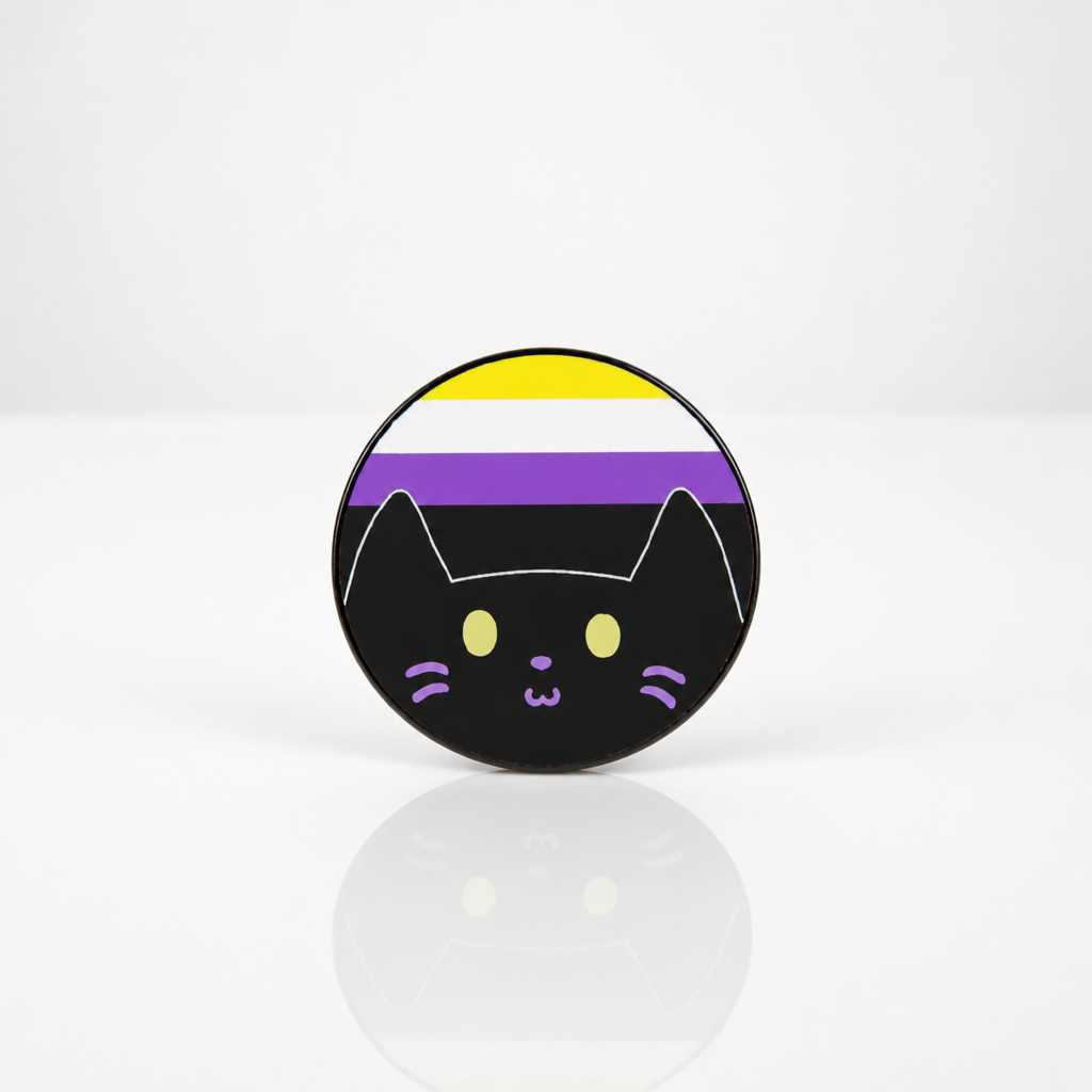 Hard enamel pin featuring a cute black kitty in front of the Nonbinary Pride flag in yellow, white, purple, and black.