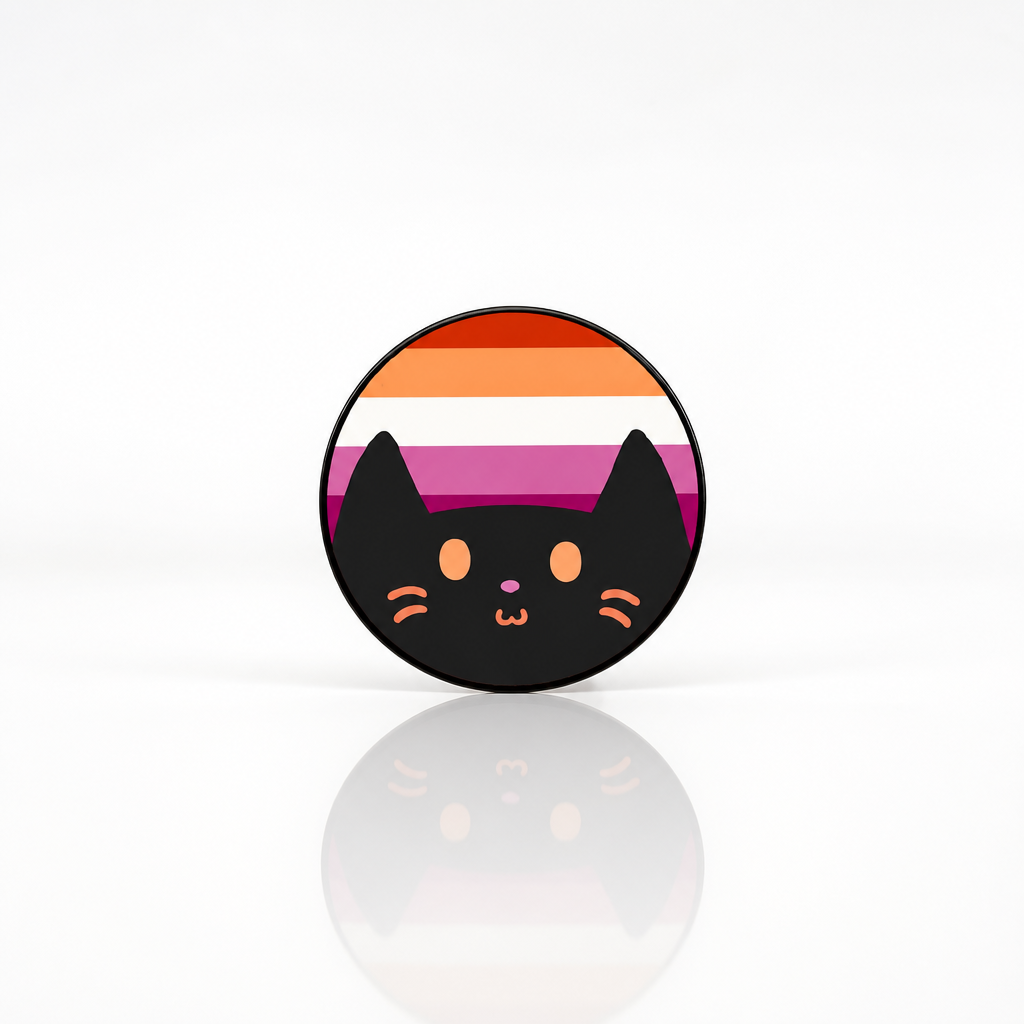 Hard enamel pin featuring a cute black kitty in front of the Lesbian Pride flag in orange, white, pink, and magenta sunset tones.