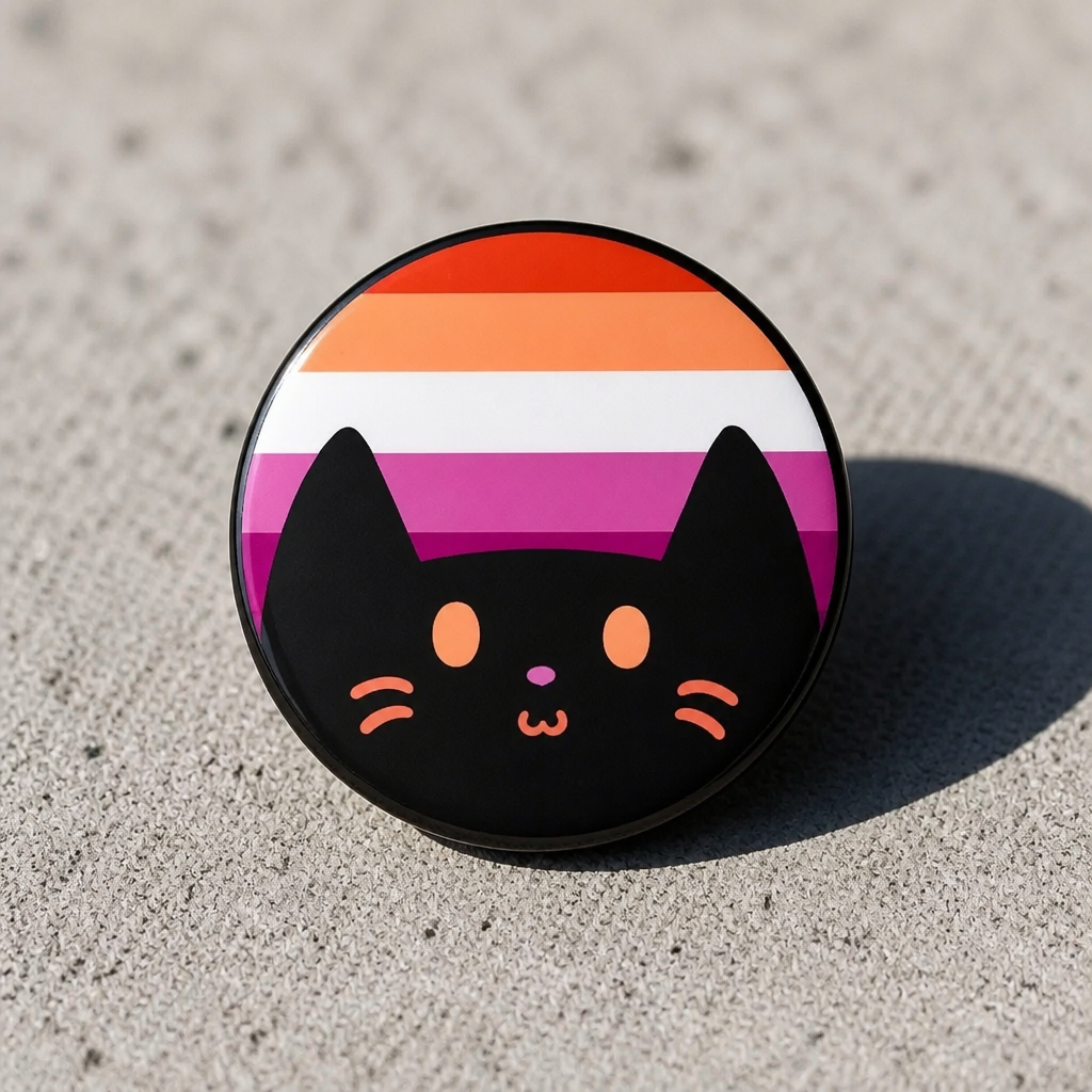 Hard enamel pin featuring a cute black kitty in front of the Lesbian Pride flag in orange, white, pink, and magenta sunset tones on a concrete surface.
