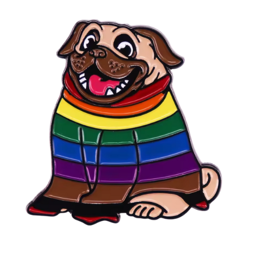 Cute pug enamel pin wearing a rainbow Pride sweater