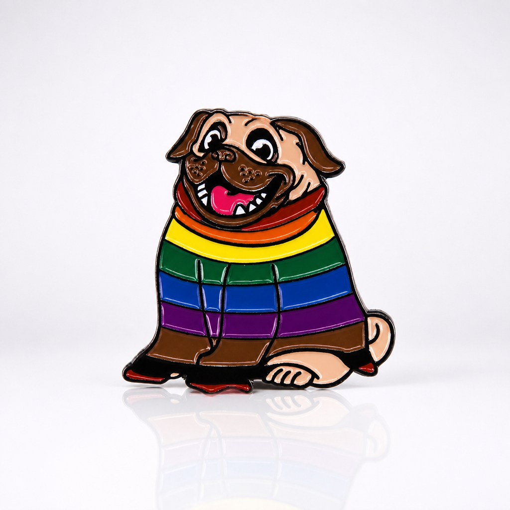 Cute pug enamel pin wearing a rainbow Pride sweater