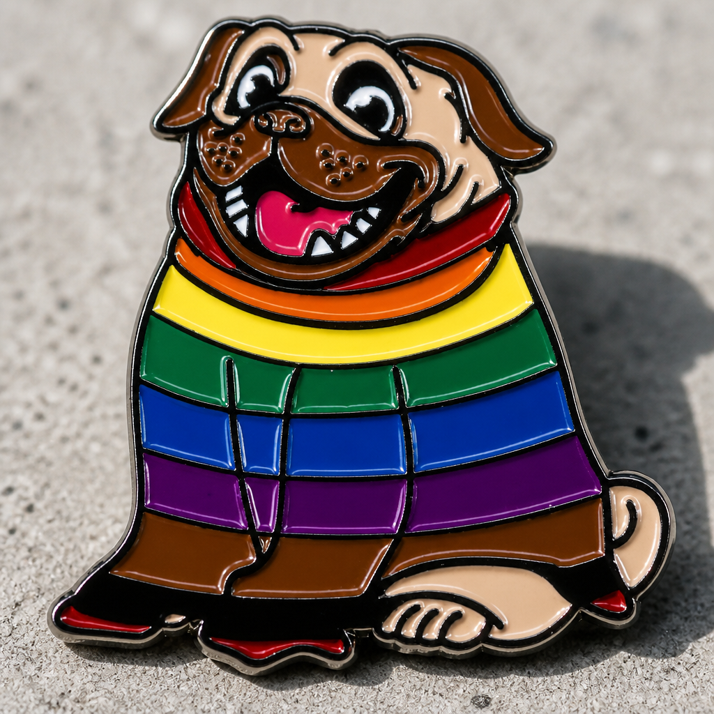 Cute pug enamel pin wearing a rainbow Pride sweater on a concrete surface