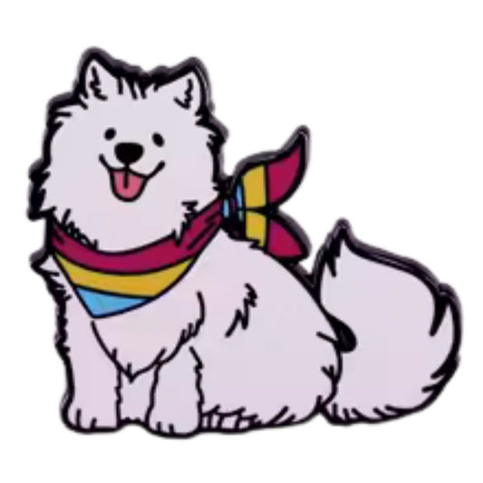 Cute white puppy enamel pin wearing a pansexual pride scarf in pink yellow and blue colors