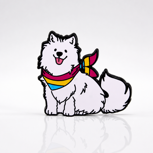 Cute white puppy enamel pin wearing a pansexual pride scarf in pink yellow and blue colors