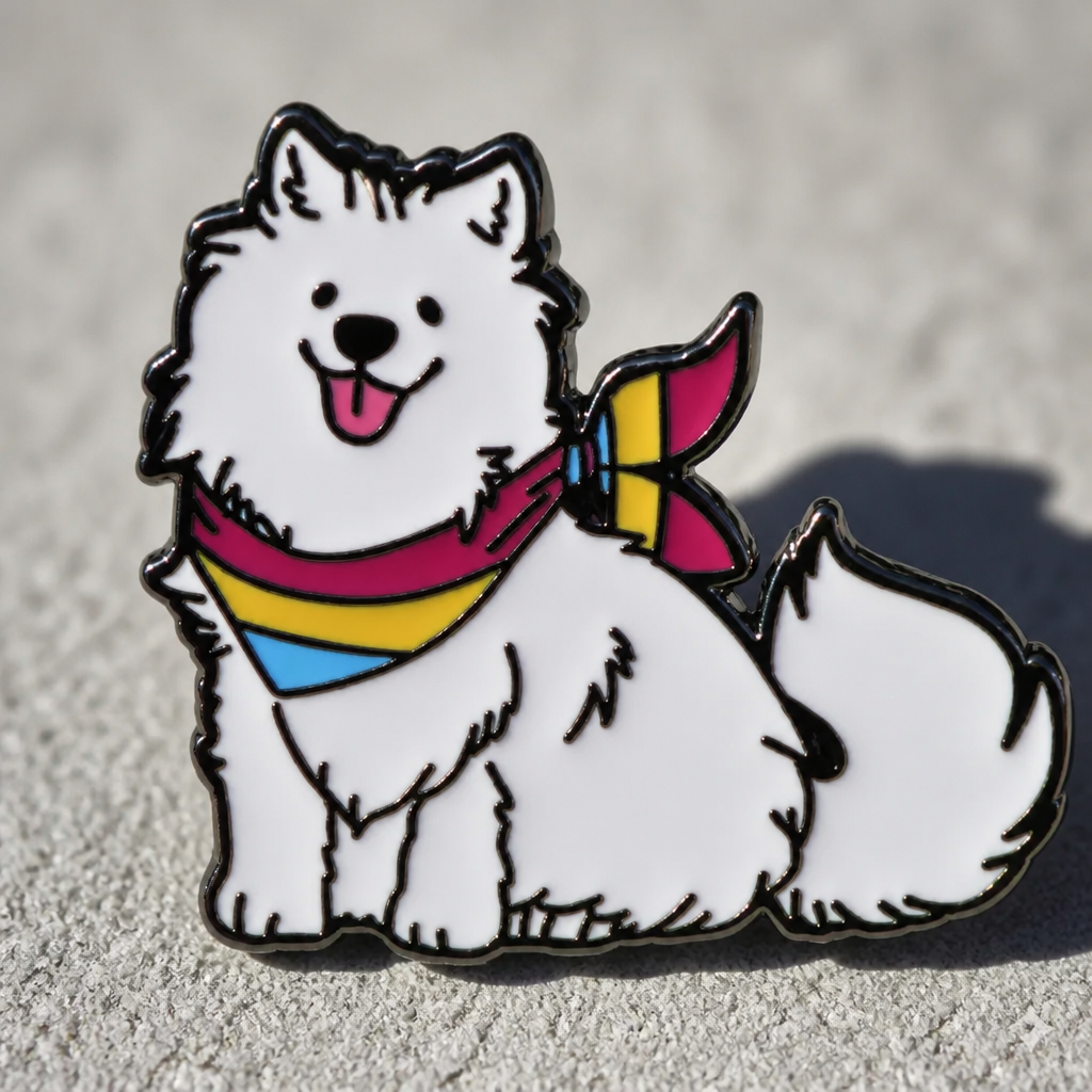 Cute white puppy enamel pin wearing a pansexual pride scarf in pink yellow and blue colors on a concrete surface