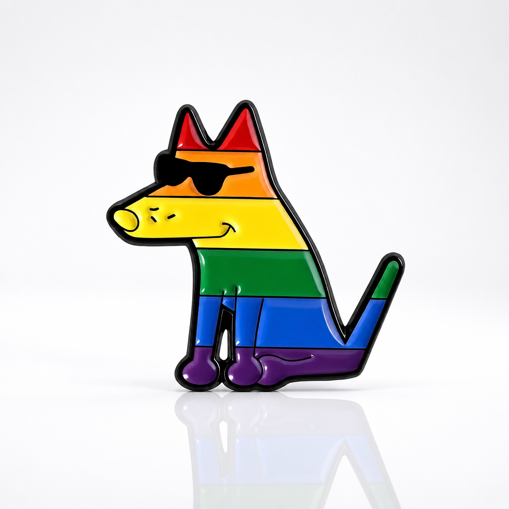 Cool Rainbow Dog enamel pin with colorful Pride stripes and sunglasses