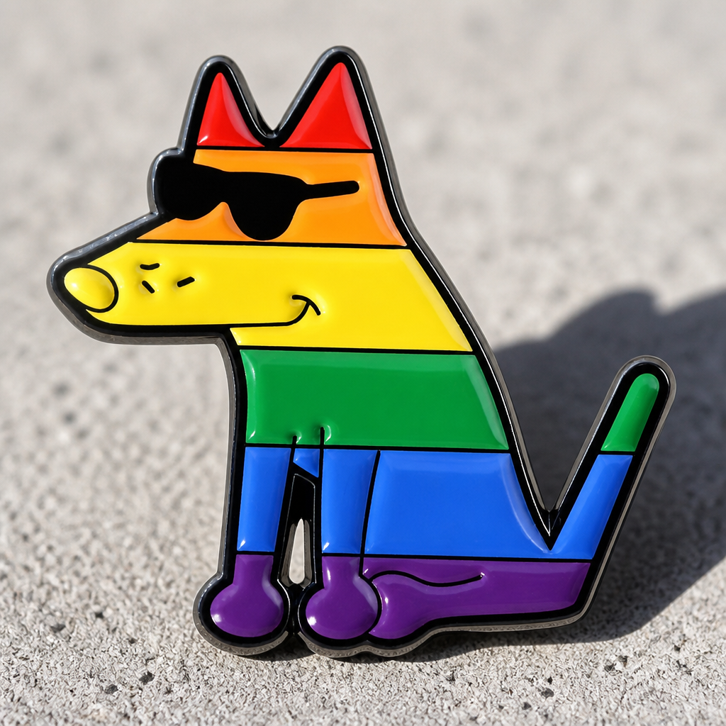 Cool Rainbow Dog enamel pin with colorful Pride stripes and sunglasses on a concrete surface