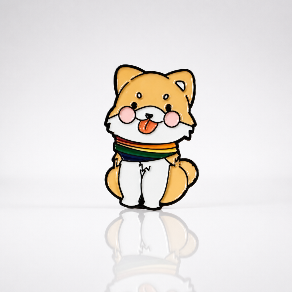 Cute puppy enamel pin wearing a rainbow Pride scarf