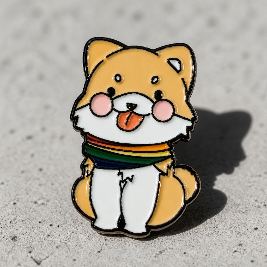 Cute puppy enamel pin wearing a rainbow Pride scarf on a concrete surface