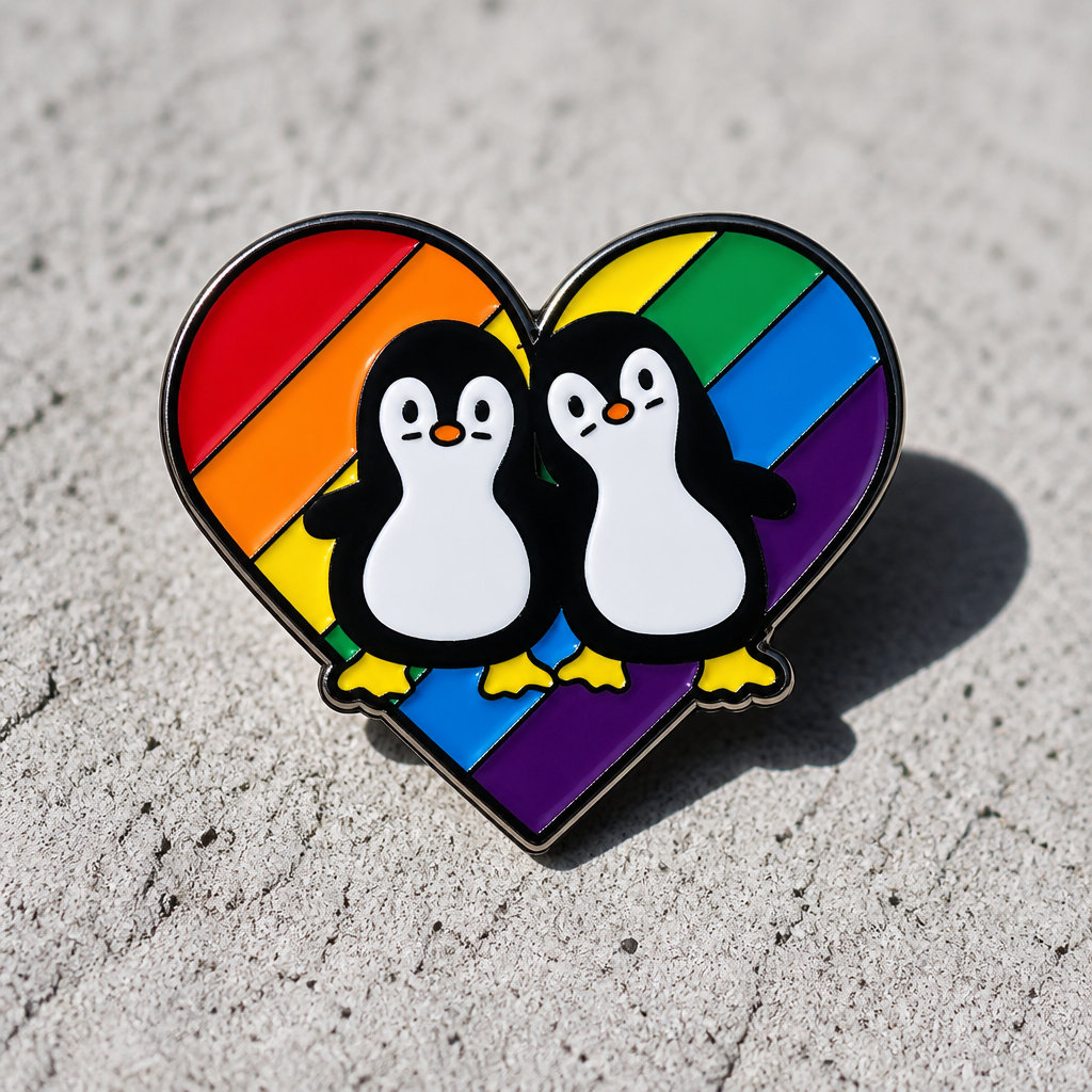 Cute penguin couple enamel pin standing on a rainbow pride heart background on a concrete surface