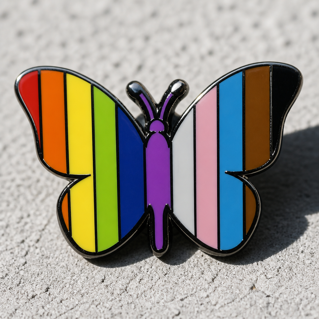 Butterfly enamel pin featuring rainbow and Progress Pride flag colors on a concrete surface