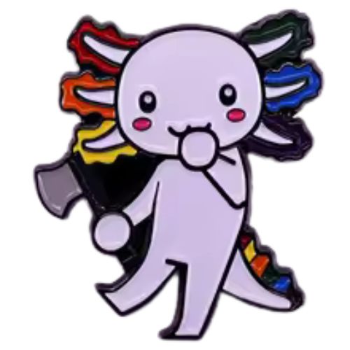 Cute Very Gay Axolotl enamel pin with rainbow frills and pastel kawaii salamander design