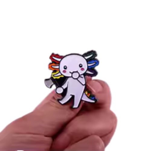 hand holding a Cute Very Gay Axolotl enamel pin with rainbow frills and pastel kawaii salamander design