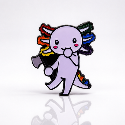 Cute Very Gay Axolotl enamel pin with rainbow frills and pastel kawaii salamander design