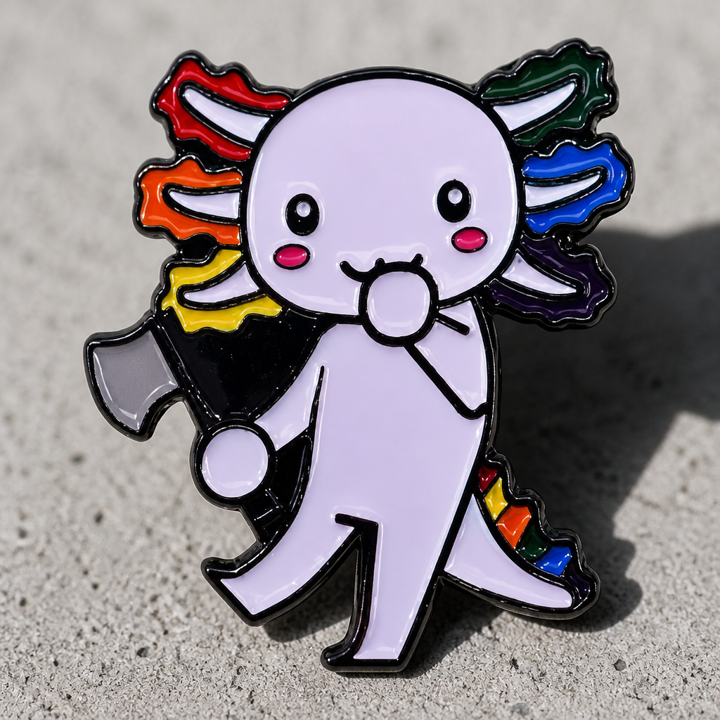 Cute Very Gay Axolotl enamel pin with rainbow frills and pastel kawaii salamander design on a concrete surface