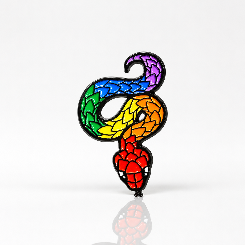 Rainbow Pride Snake enamel pin with colorful scaled serpent design