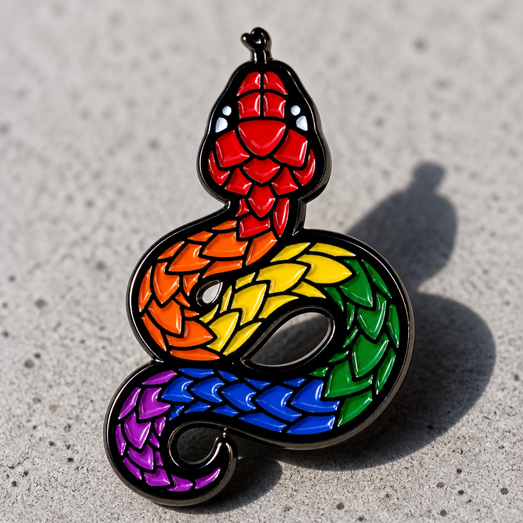 Rainbow Pride Snake enamel pin with colorful scaled serpent design on a concrete surface