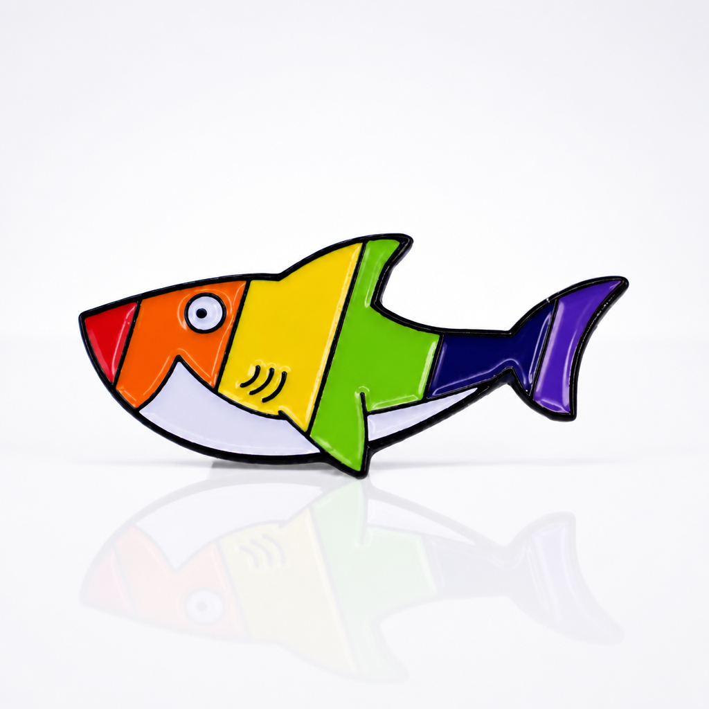 Rainbow Shark enamel pin with colorful geometric Pride-inspired shark design