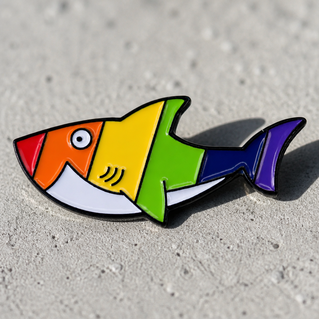 Rainbow Shark enamel pin with colorful geometric Pride-inspired shark design on a concrete surface