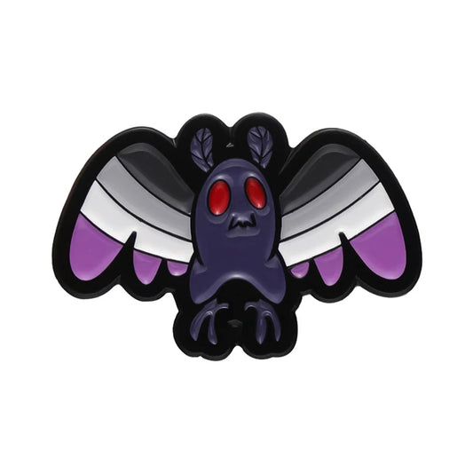 Mothman ACE Pride enamel pin featuring black gray white and purple asexual Pride flag colors
