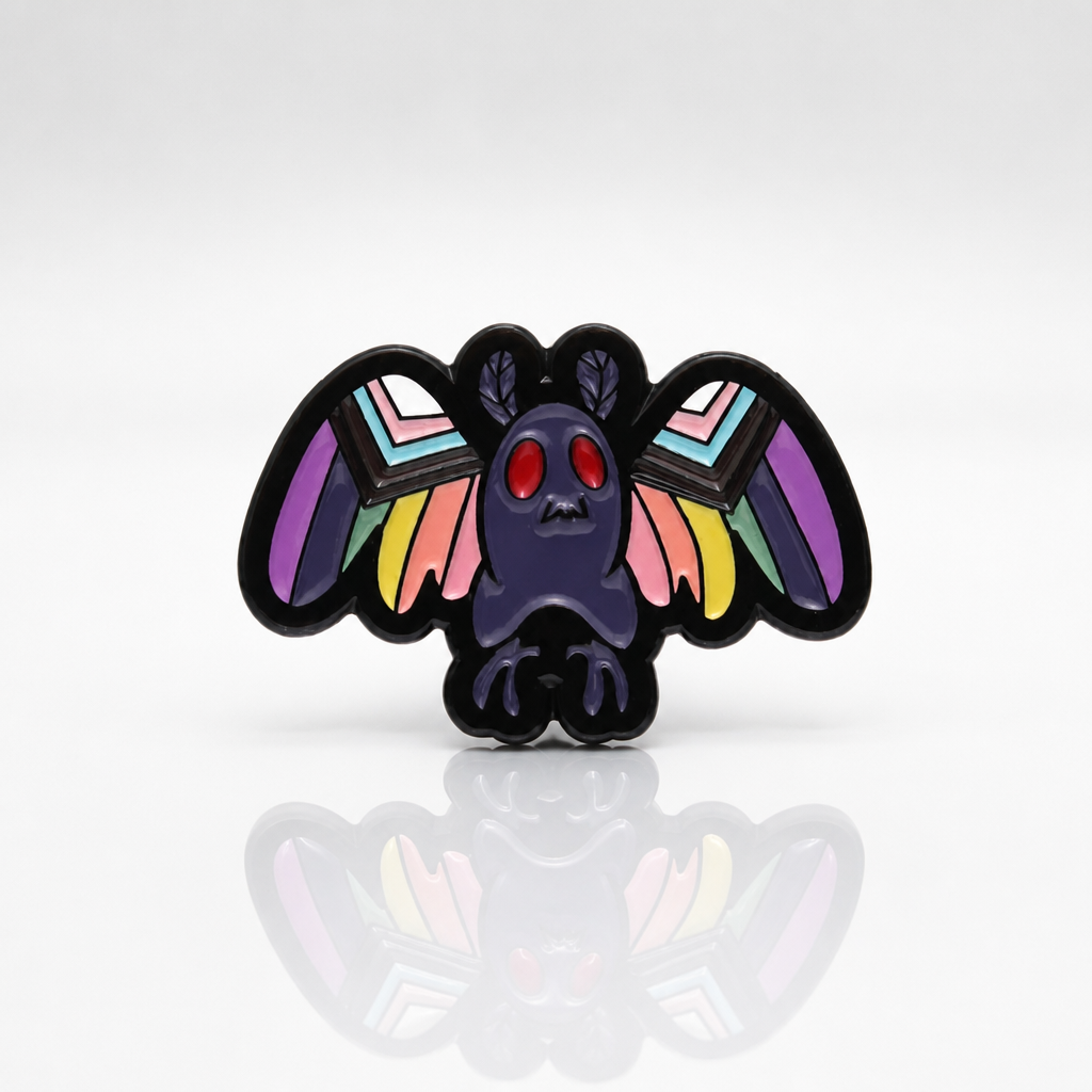Mothman Rainbow Pride enamel pin featuring colorful LGBTQ rainbow flag styling and glowing red eyes