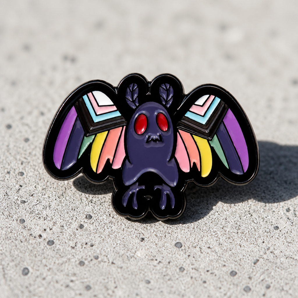 Mothman Rainbow Pride enamel pin featuring colorful LGBTQ rainbow flag styling and glowing red eyes on a concrete surface