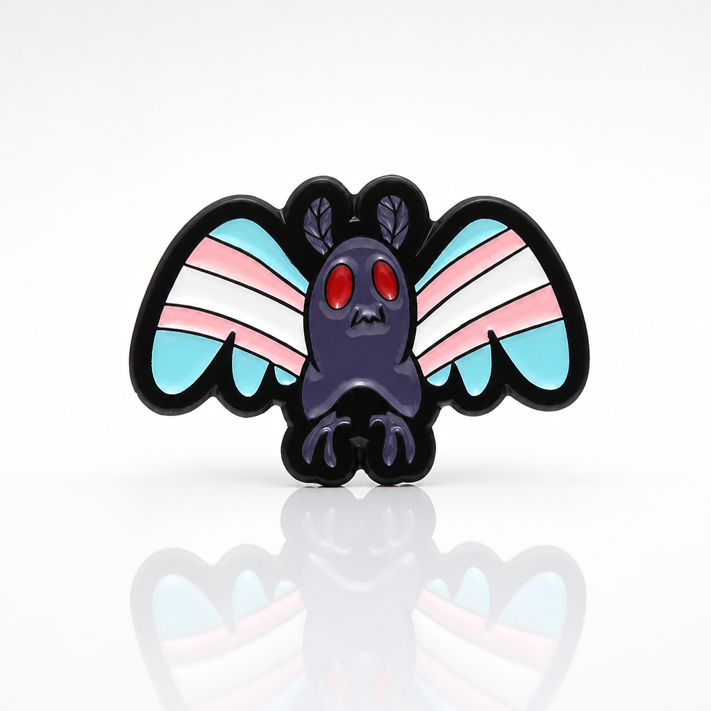 Mothman Trans Pride enamel pin featuring blue pink and white transgender Pride flag colors