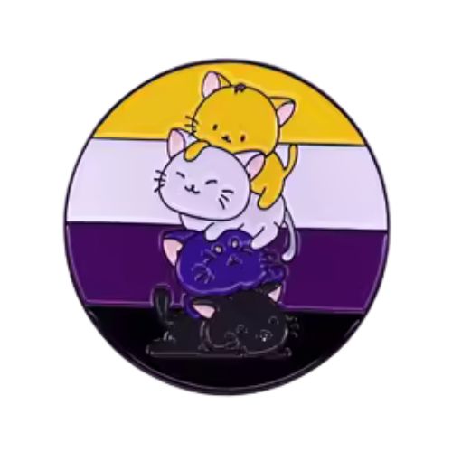 Nonbinary Pride Cats enamel pin featuring stacked cartoon cats in nonbinary flag colors