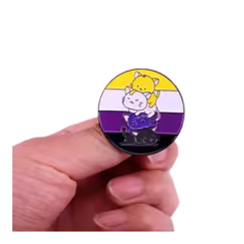 Nonbinary Pride Cats enamel pin featuring stacked cartoon cats in nonbinary flag colors held by a hand