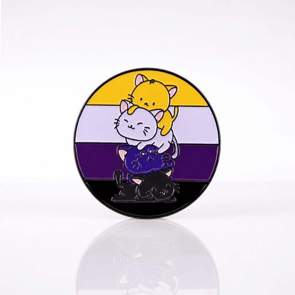 Nonbinary Pride Cats enamel pin featuring stacked cartoon cats in nonbinary flag colors